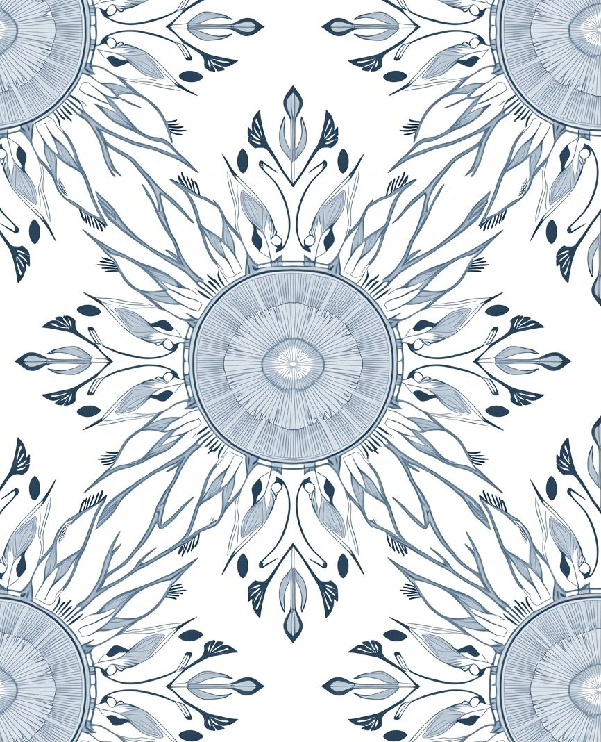 Delicate Blue Floral Sunburst Artwork Rug