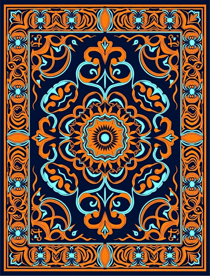 Vivid Orange Teal Medallion Border Rug
