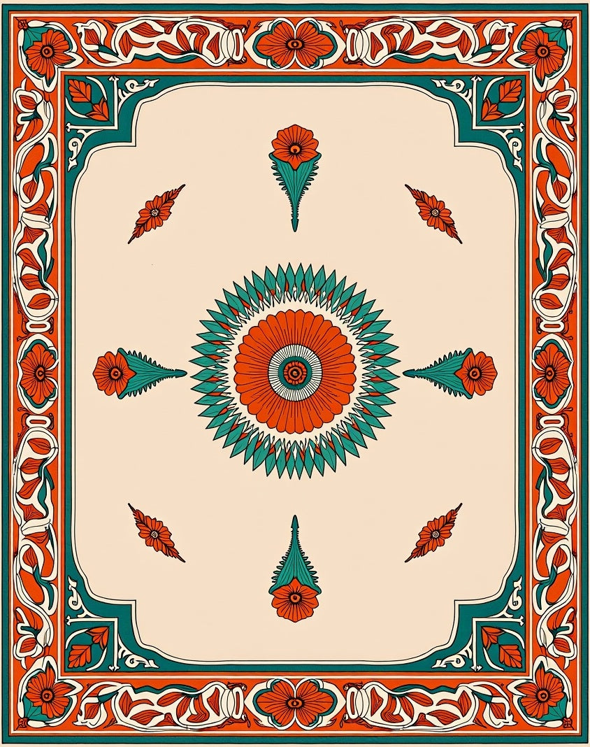 Orange Teal Floral Border Medallion Rug