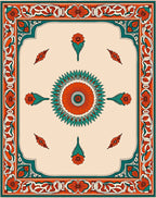 Orange Teal Floral Border Medallion Rug