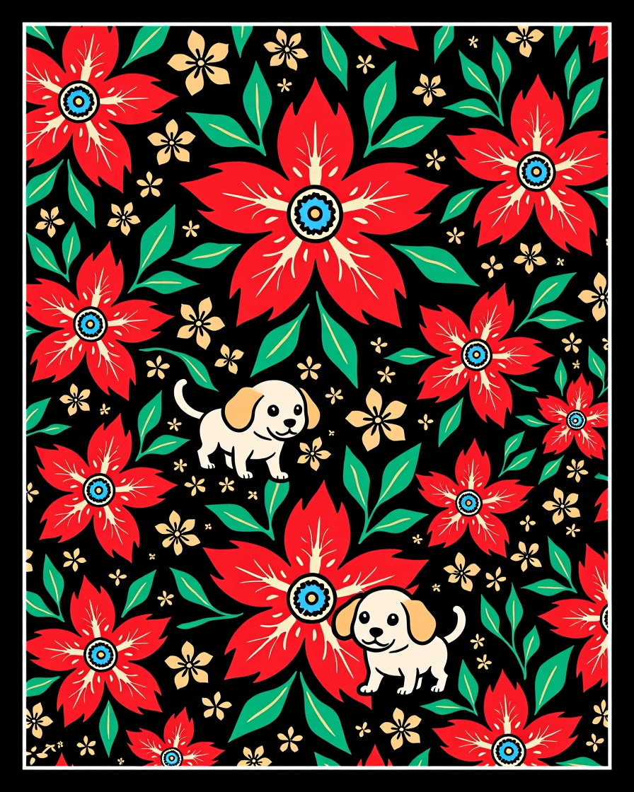 Red Floral Puppy Garden Whimsy Rug