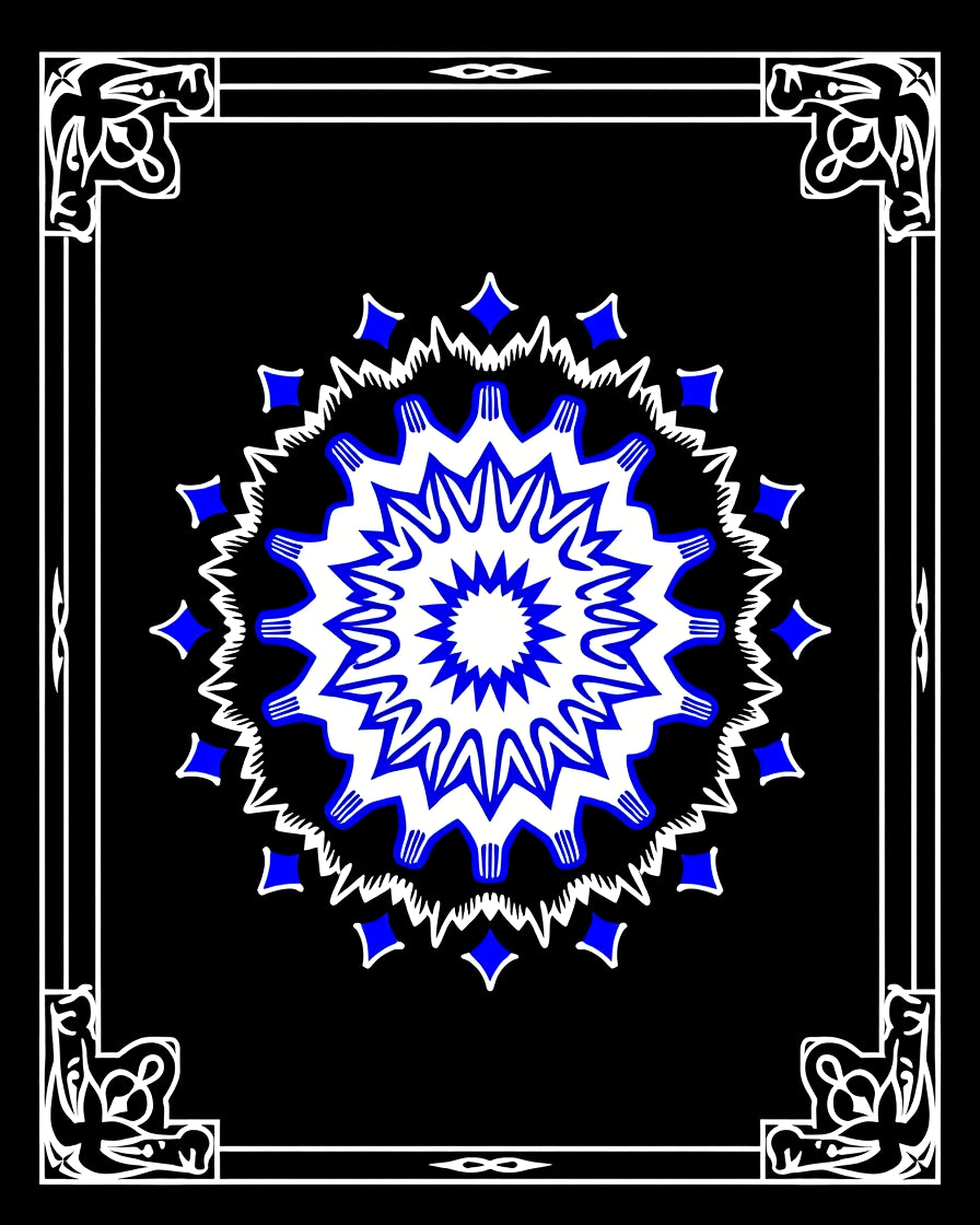Electric Blue Starburst Mandala Frame Rug