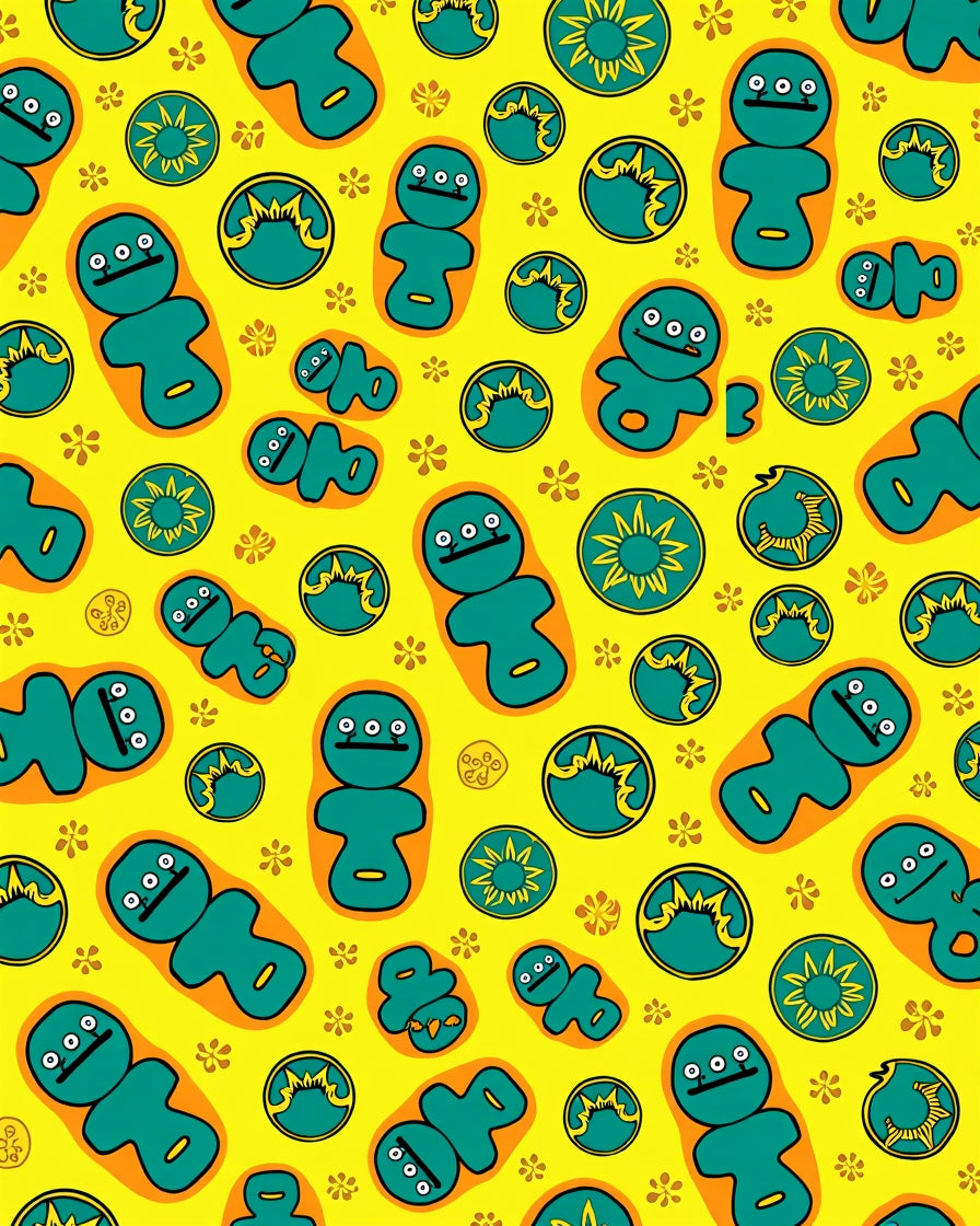 Whimsical Teal Figures Sunbursts Yellow Rug