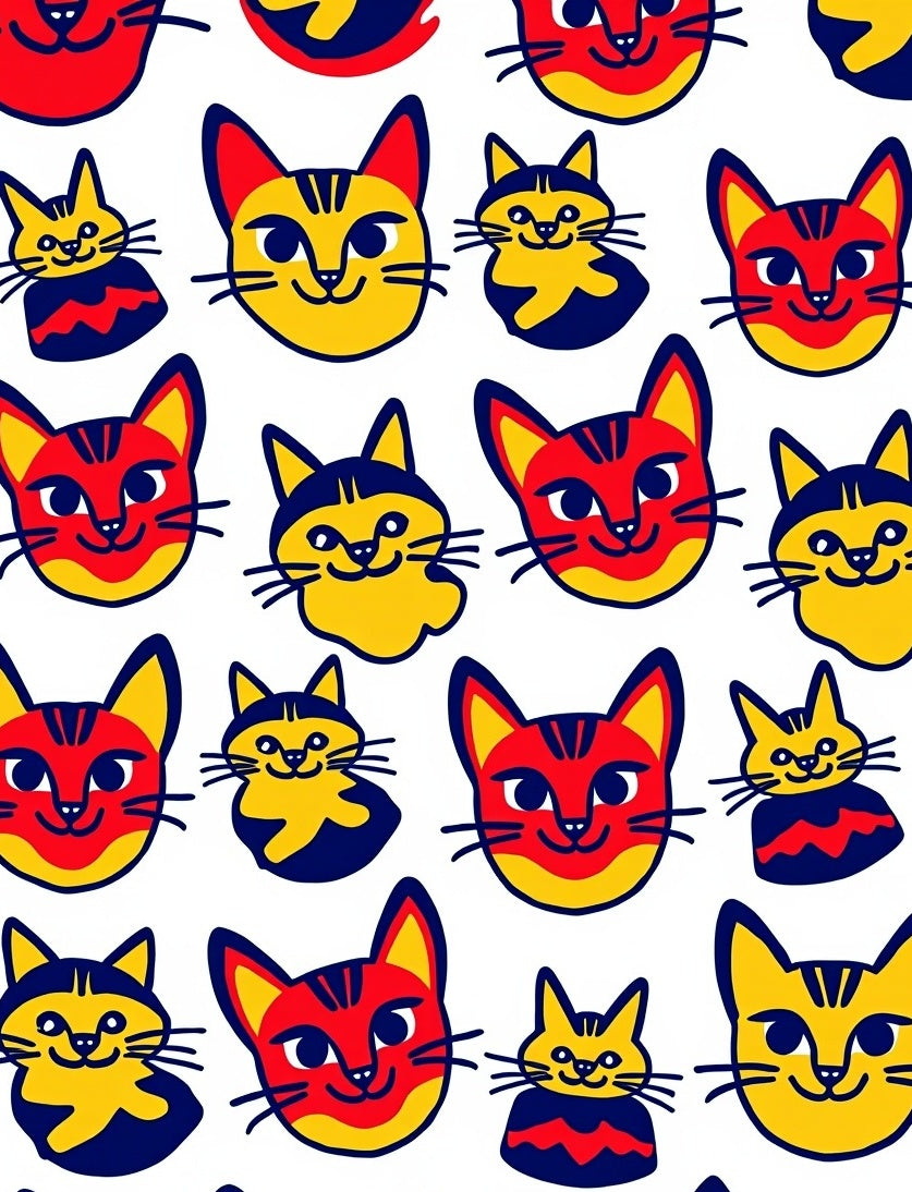 Playful Red Yellow Cat Faces Collage Rug