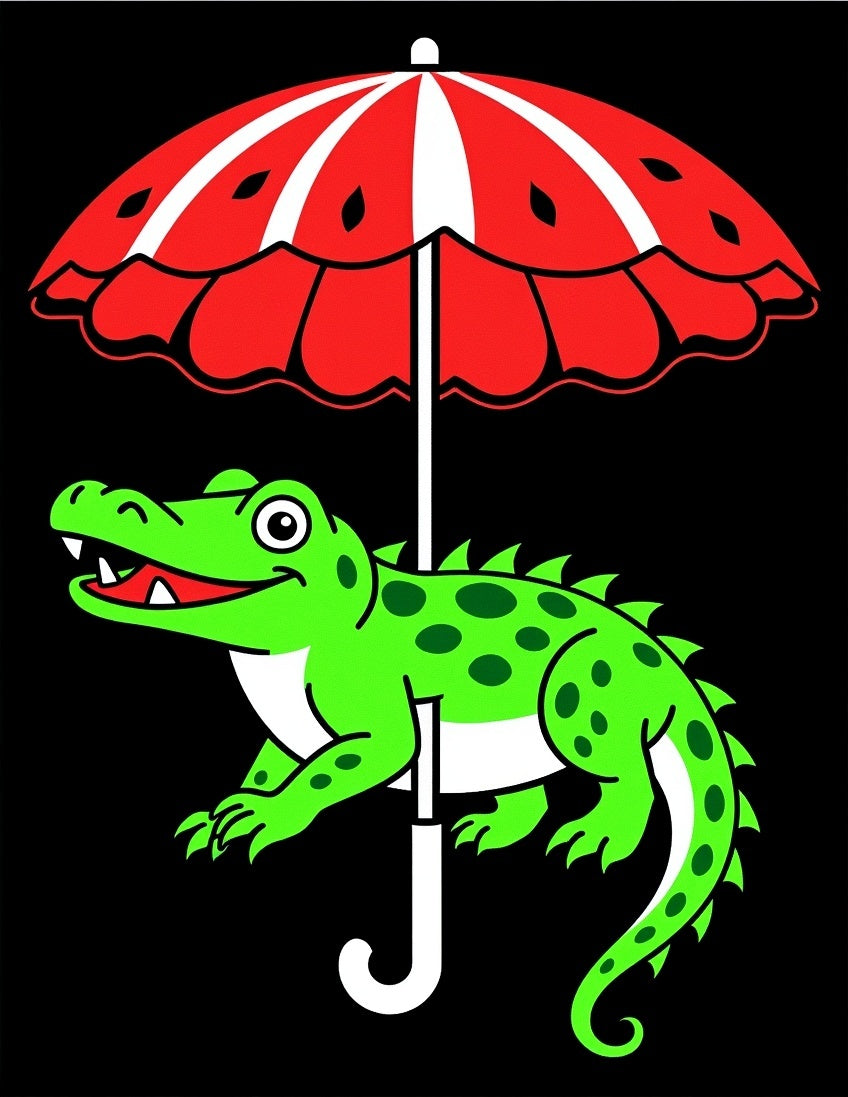 Playful Green Alligator Under Red Umbrella Rug