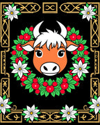 Orange Bull Christmas Wreath with Poinsettias Rug