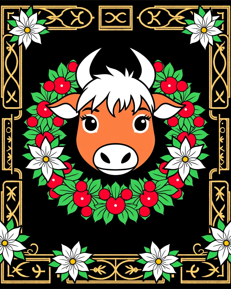 Orange Bull Christmas Wreath with Poinsettias Rug