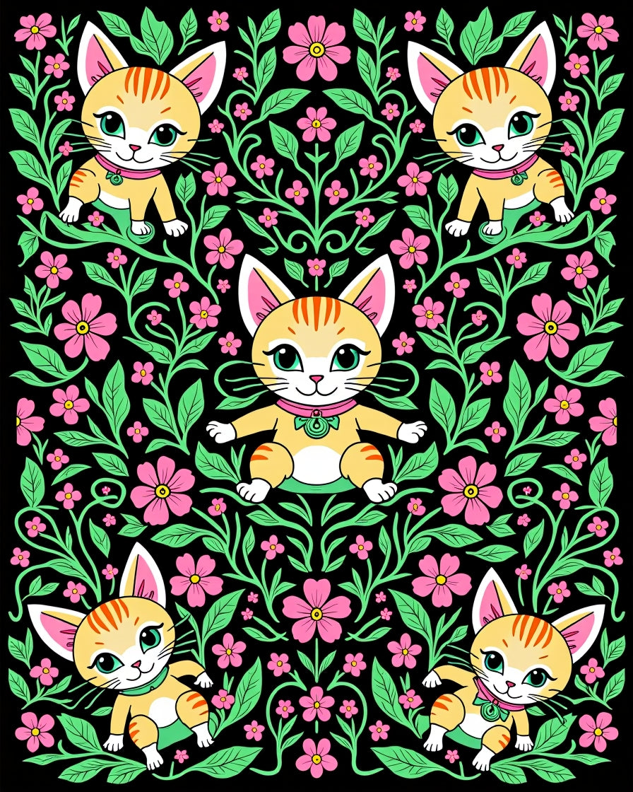 Whimsical Kitty Floral Garden Rug