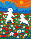 Playful White Dogs Meadow Floral Sky Rug