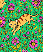 Whimsical Orange Cat Floral Meadow Rug