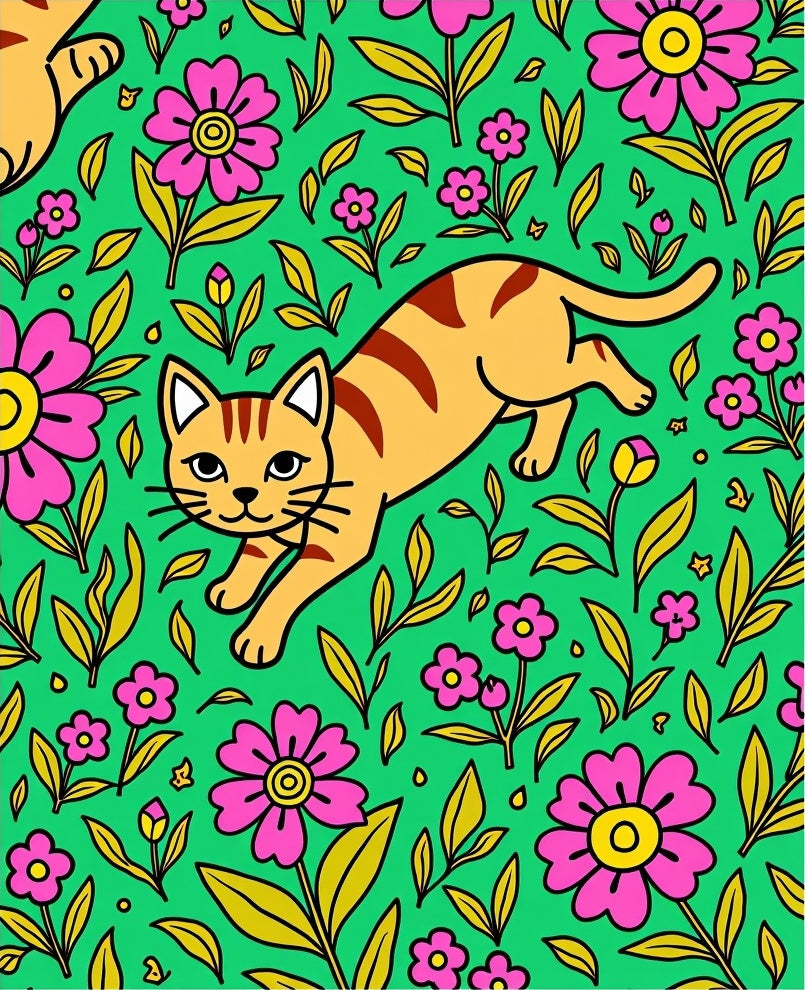 Whimsical Orange Cat Floral Meadow Rug