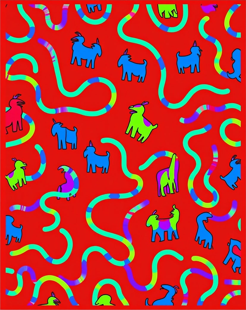 Whimsical Red Goats Abstract Wavy Colorful Rug