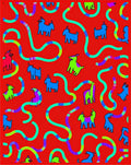 Whimsical Red Goats Abstract Wavy Colorful Rug