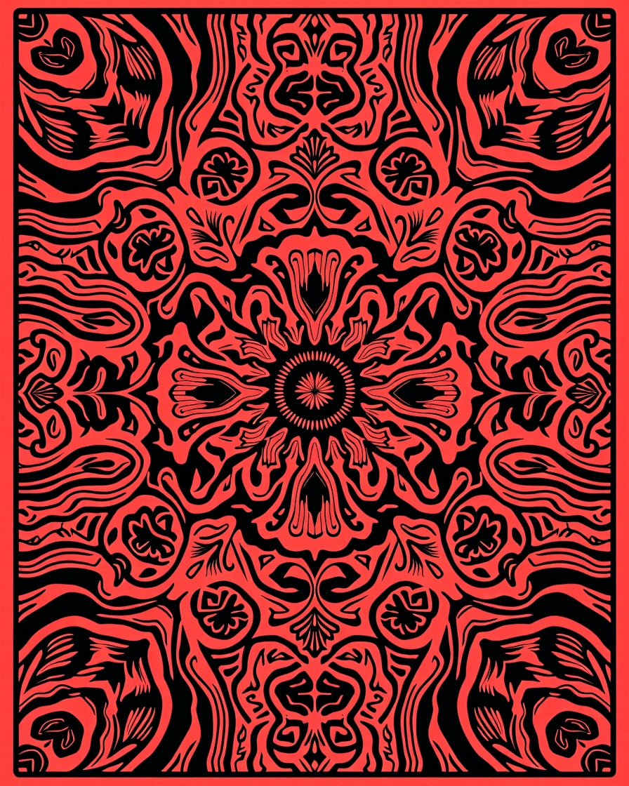 Vibrant Red Black Psychedelic Mandala Rug