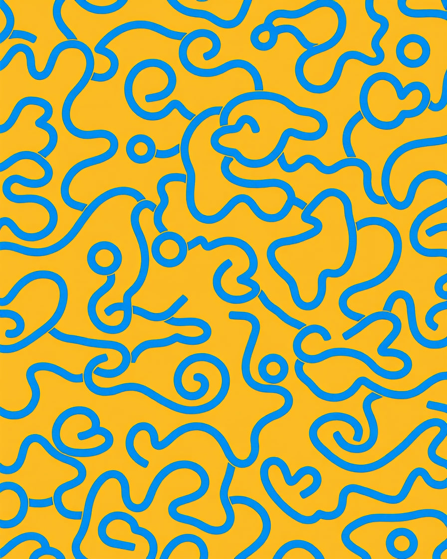 Bright Yellow Blue Wavy Line Art Rug