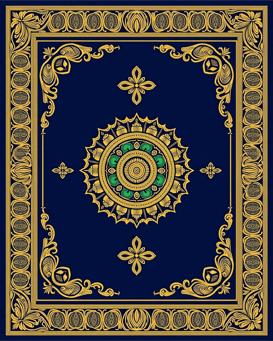 Navy Gold Ornate Floral Medallion Rug
