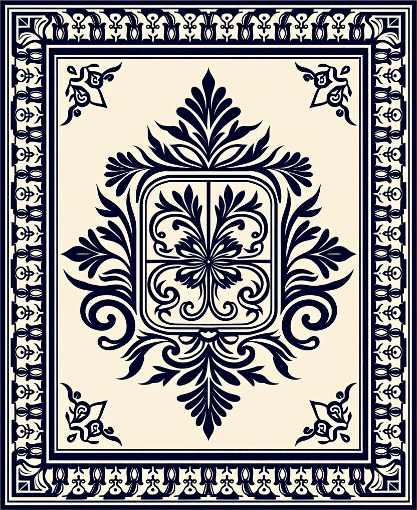 Deep Navy Cream Damask Medallion Rug