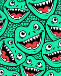 Silly Teal Monster Faces Grinning Wide Rug