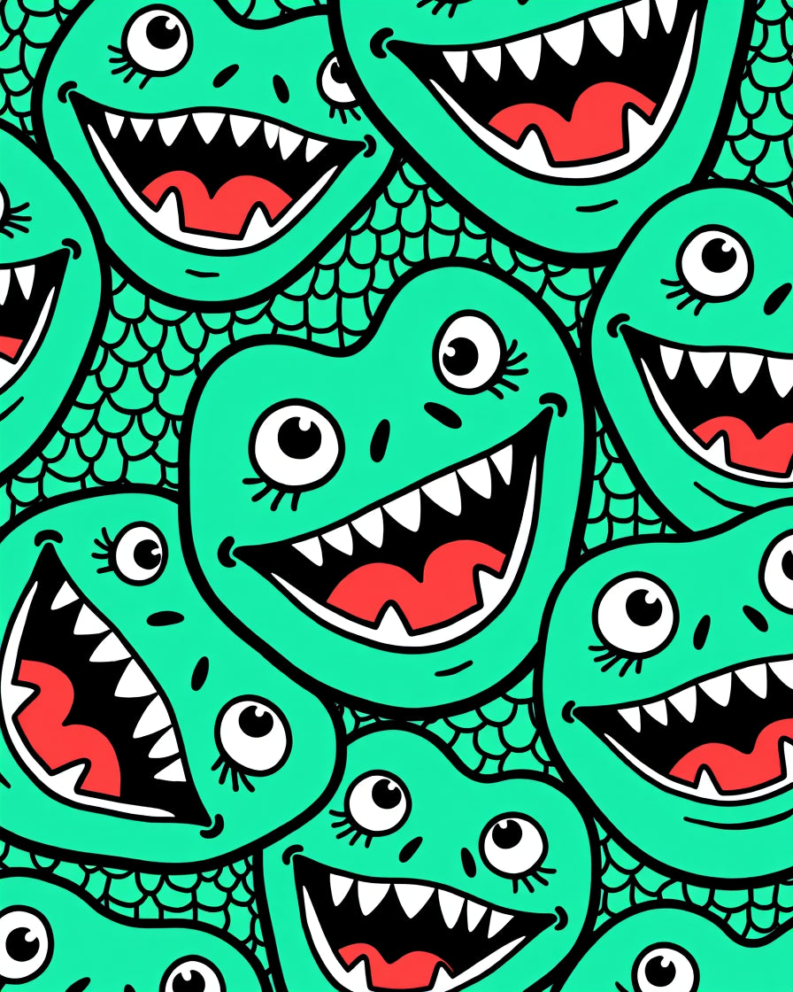 Silly Teal Monster Faces Grinning Wide Rug