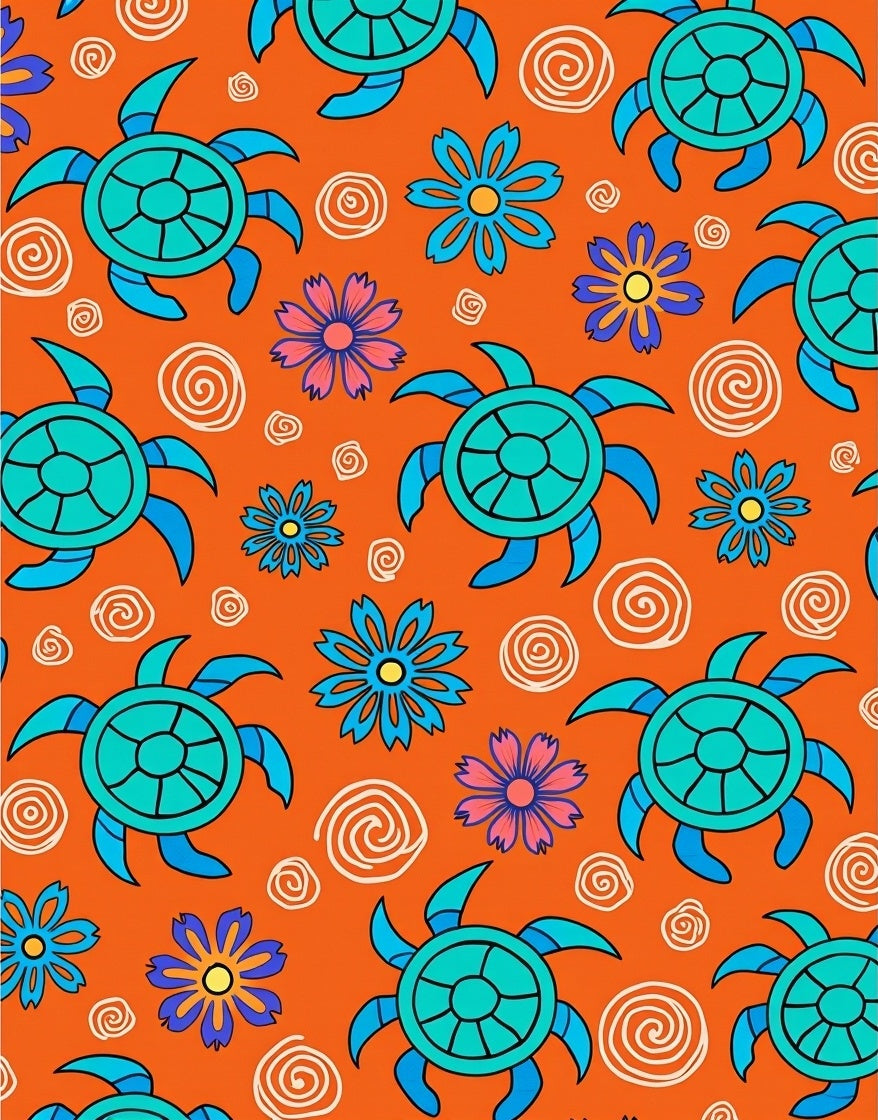 Bright Orange Turtle Flower Medley Rug