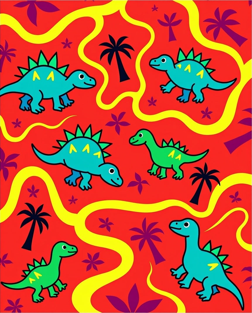 Playful Dinosaur Palm Tree Adventure Rug