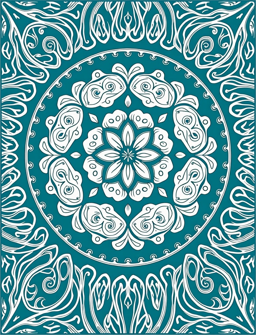 Teal White Organic Mandala Swirl Rug