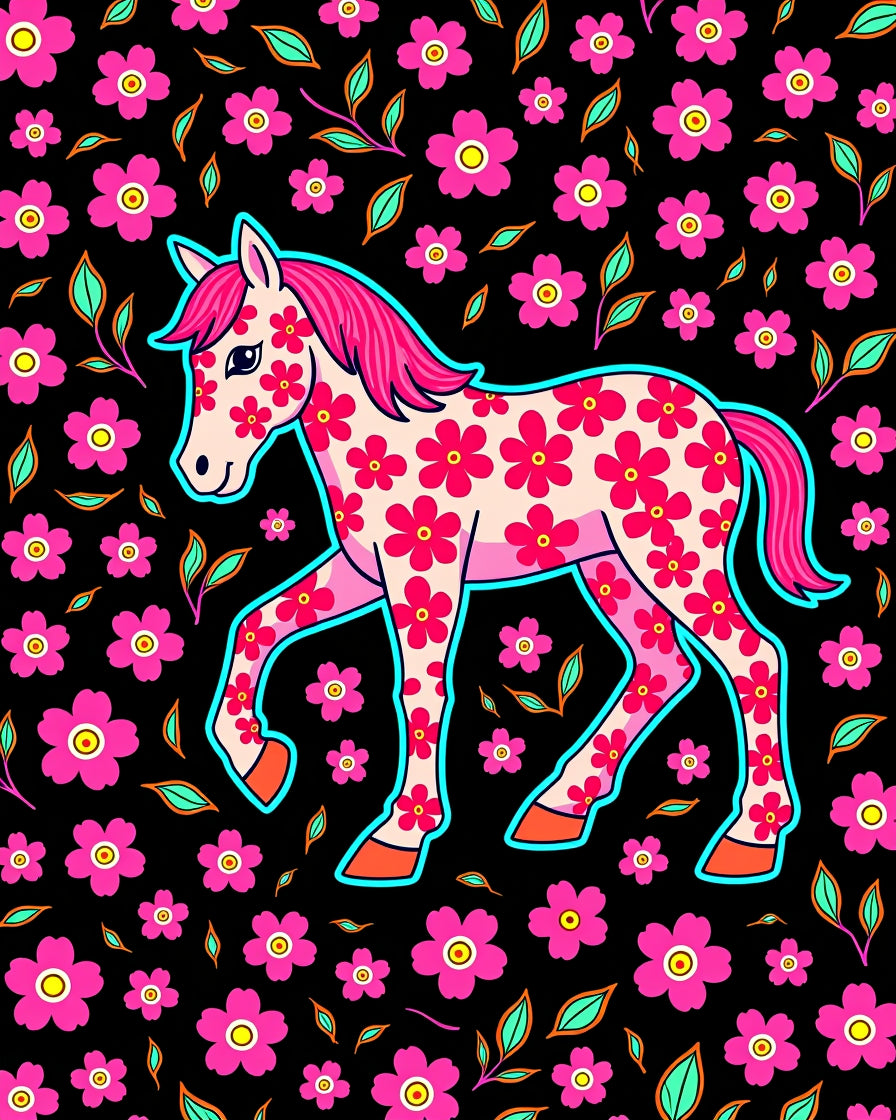 Pink Floral Horse On Black Background Rug