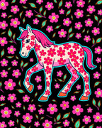 Pink Floral Horse On Black Background Rug