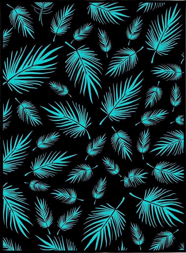 Teal Palm Leaves Black Background Rug