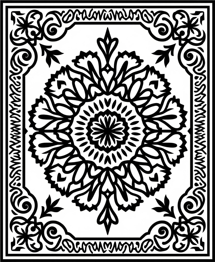 Black Floral Medallion Square Frame Rug