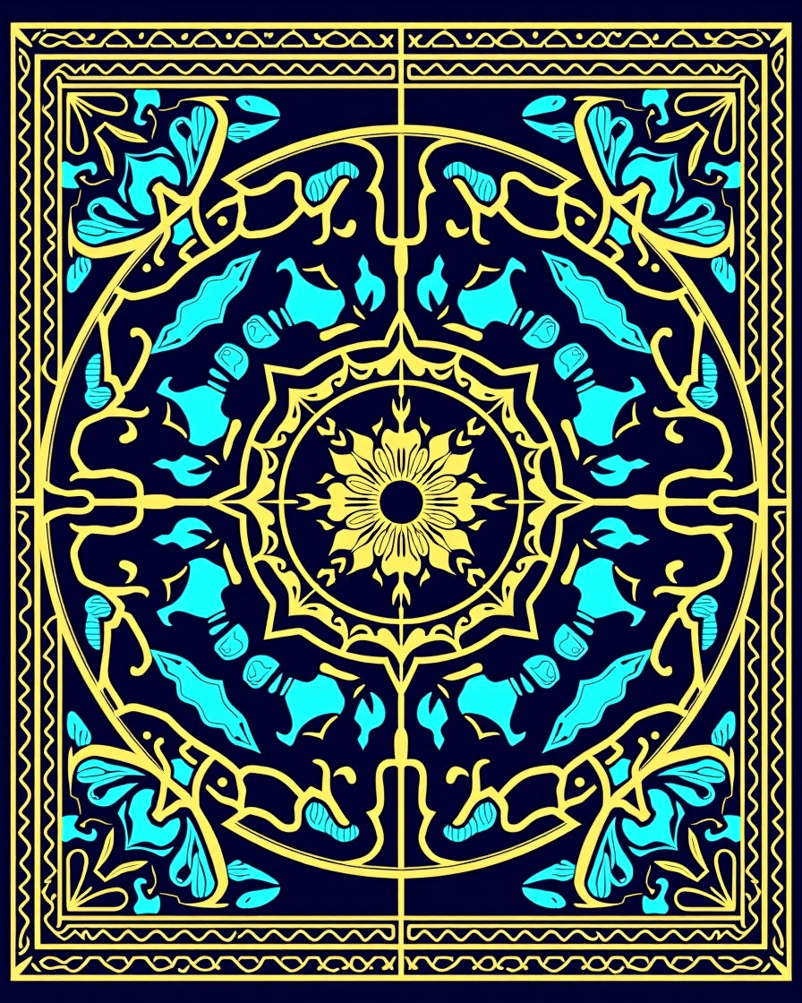 Deep Blue Yellow Floral Medallion Rug