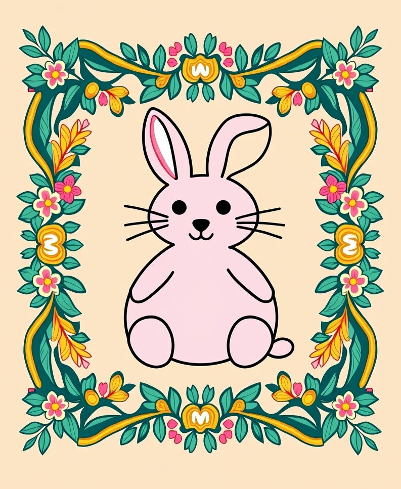 Pink Easter Bunny Floral Frame Rug