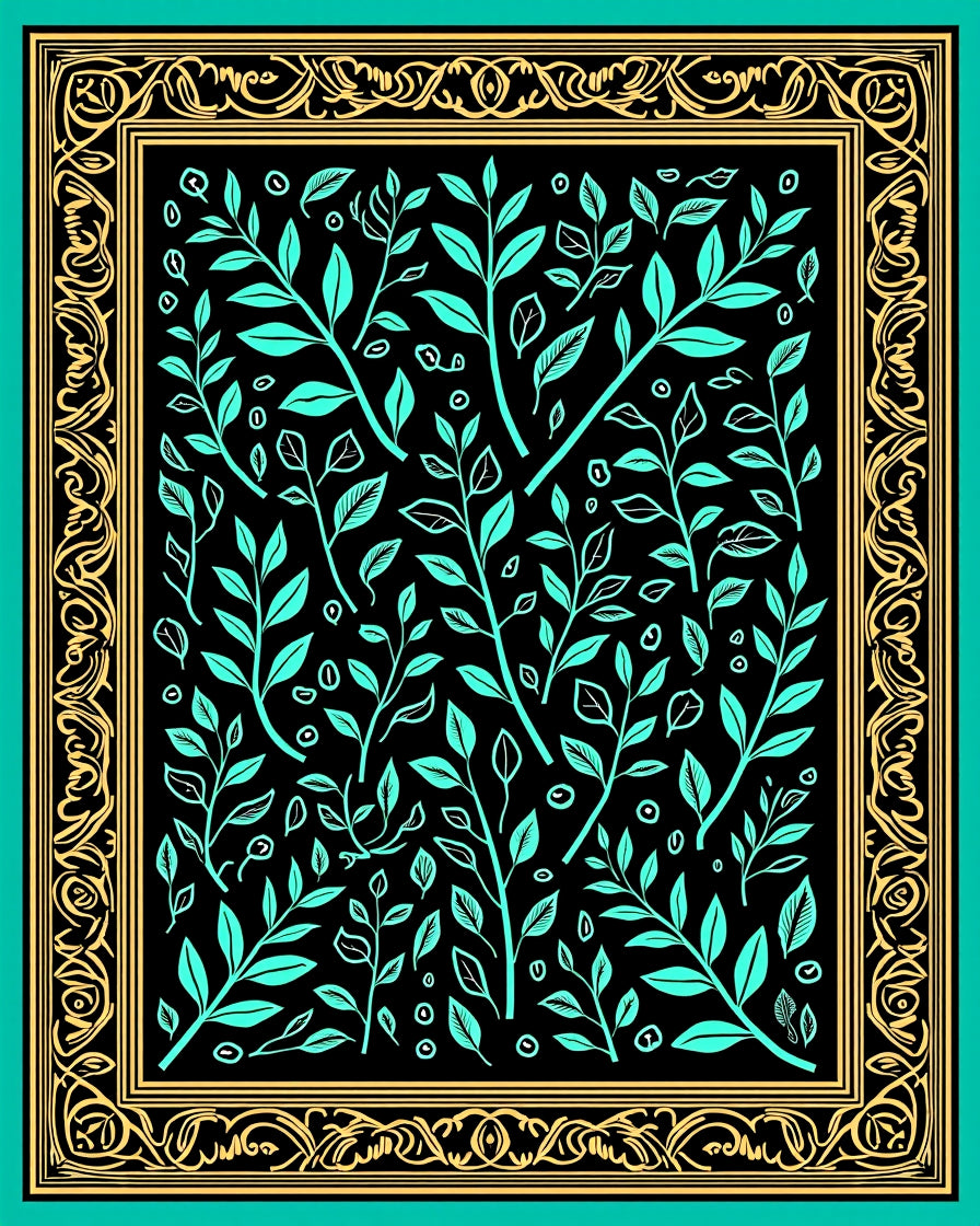 Turquoise and Gold Botanical Border Rug