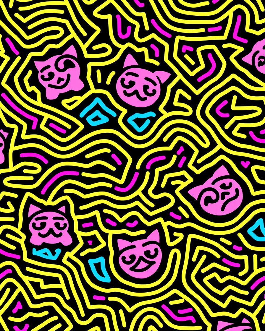 Pink Cat Maze Yellow Line Art Rug