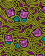 Pink Cat Maze Yellow Line Art Rug