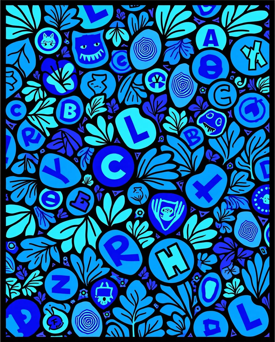 Playful Blue Alphabet Floral Collage Rug
