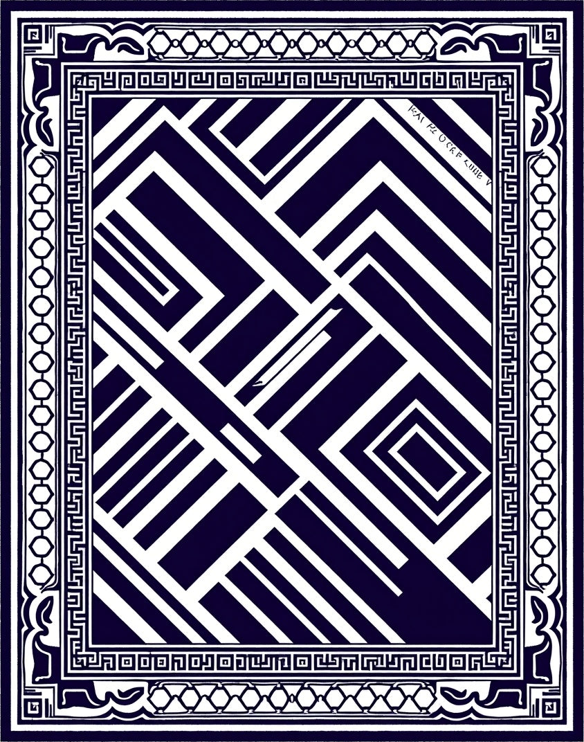 Deep Indigo Geometric Linear Abstraction Rug