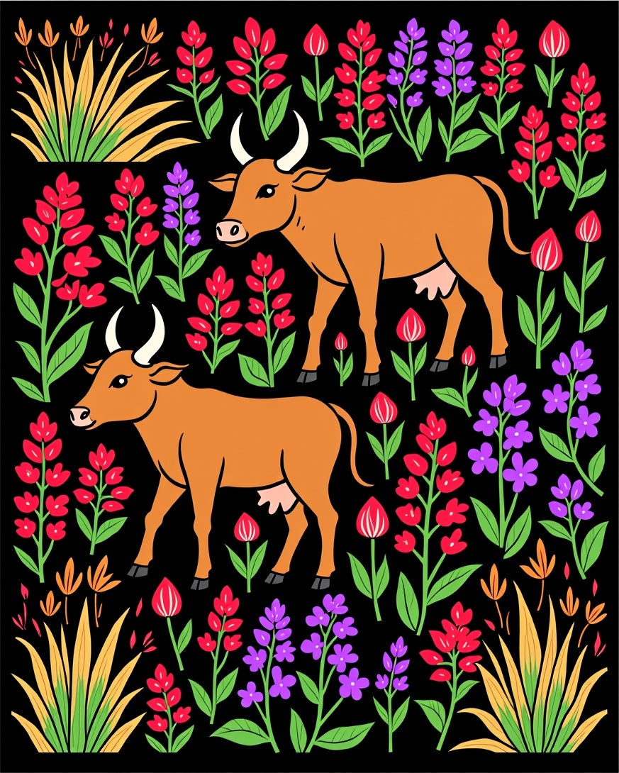 Brown Cattle Among Vibrant Floral Stems Rug