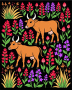 Brown Cattle Among Vibrant Floral Stems Rug