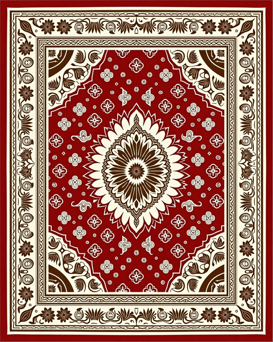 Rich Red Cream Floral Medallion Rug