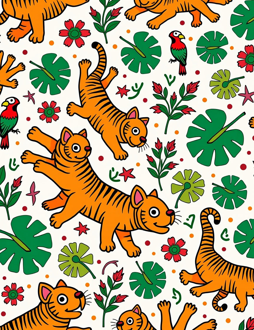 Playful Orange Tigers Tropical Foliage Rug