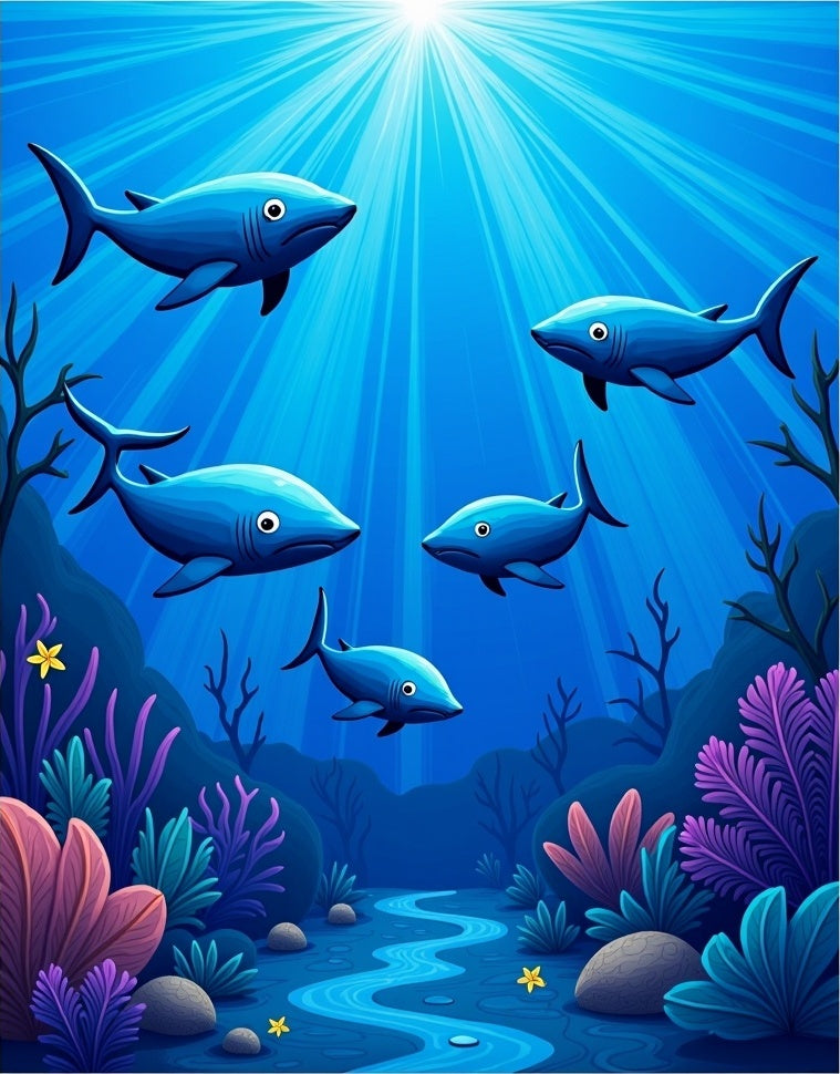 Blue Sharks Underwater Sunbeam Ocean Scene Rug