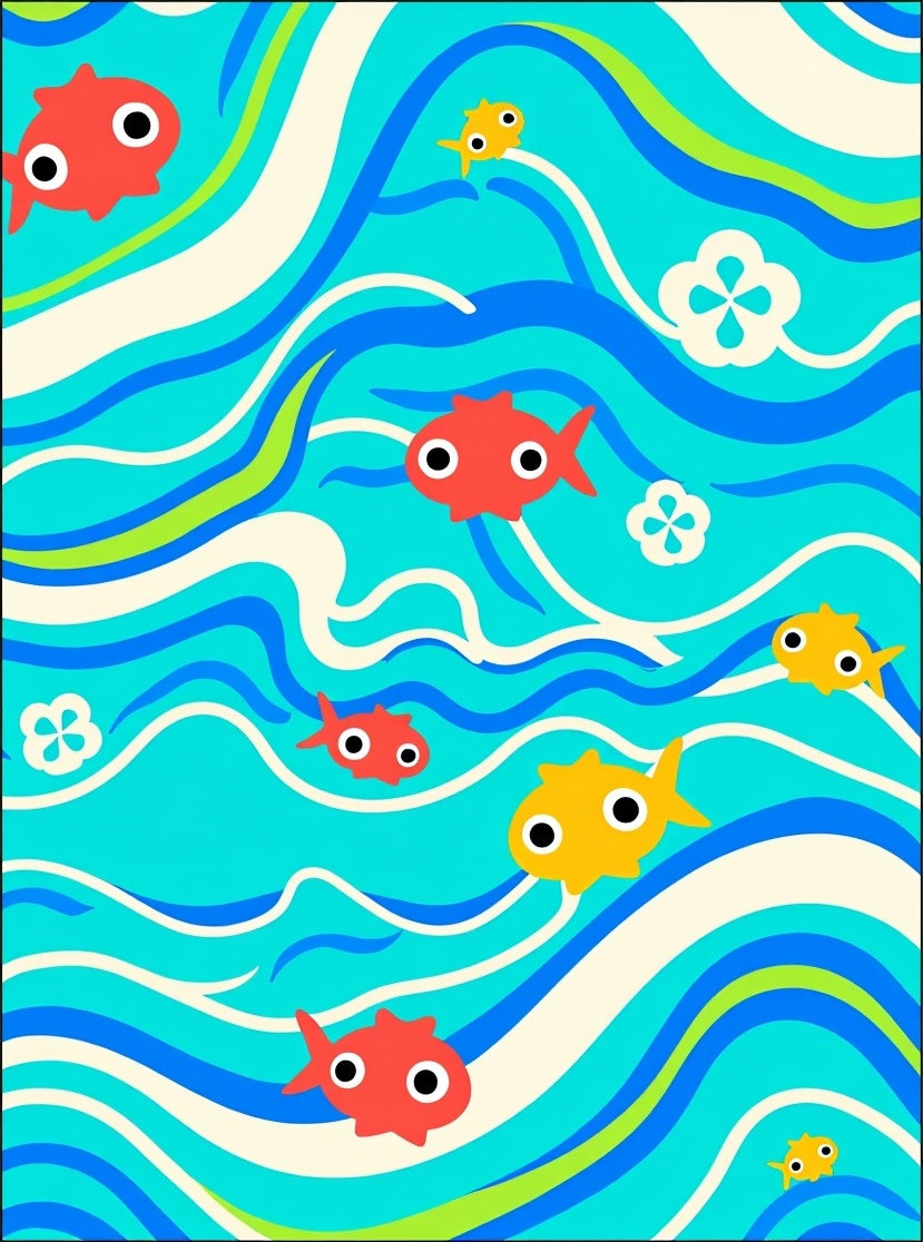 Red Yellow Fish Swirly Ocean Waves Rug