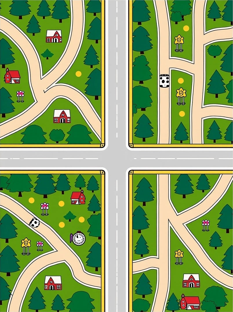 Whimsical Town Map Evergreen Trees Rug