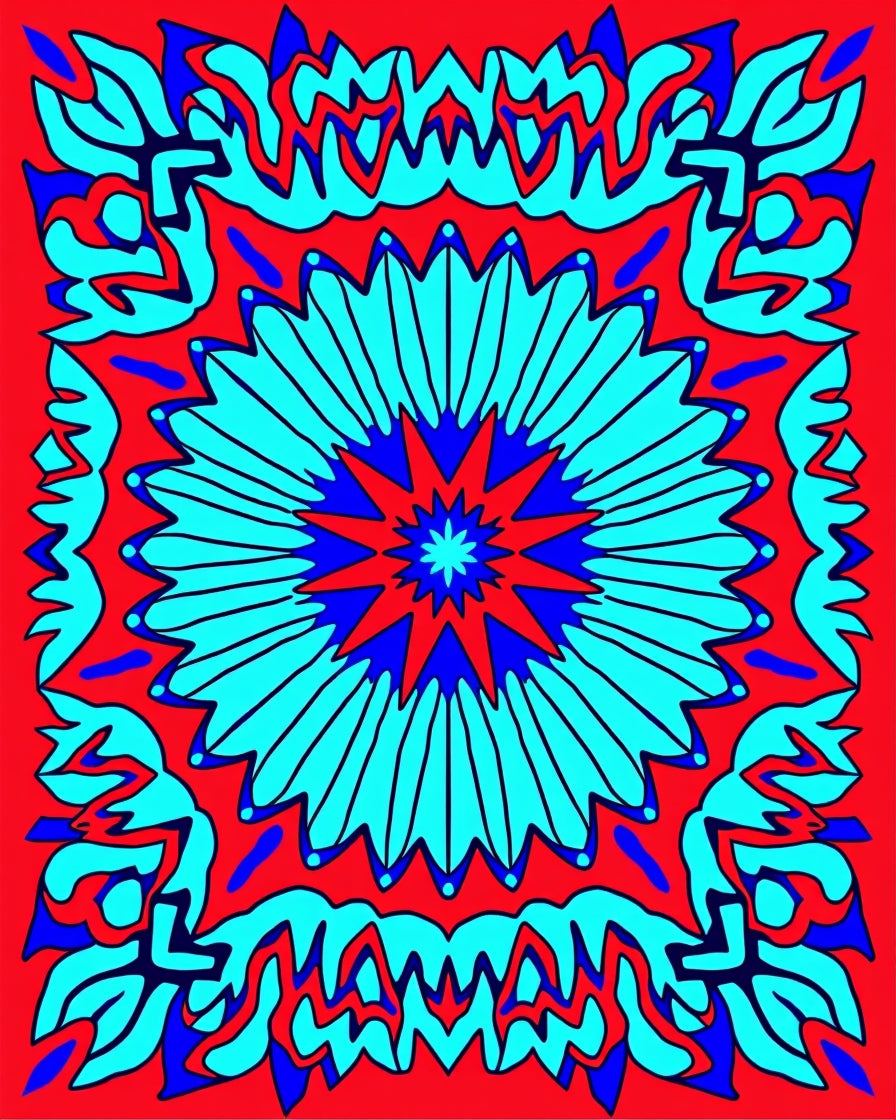 Symmetric Blue Red Floral Sunburst Rug