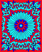 Symmetric Blue Red Floral Sunburst Rug