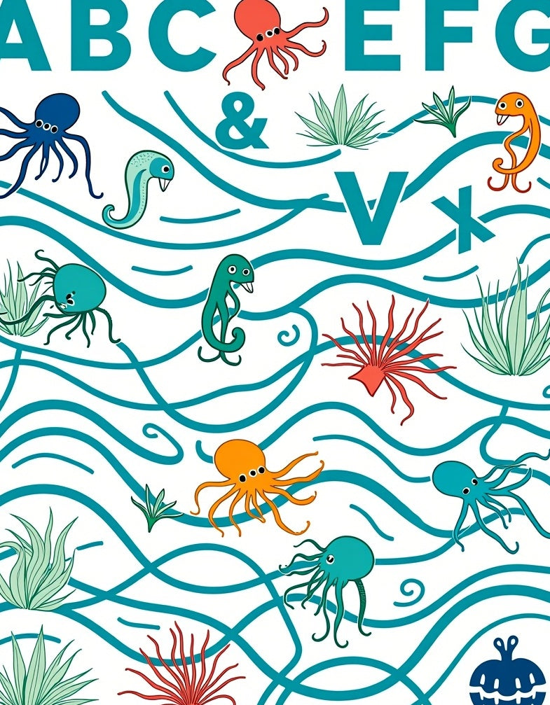 Playful Sea Creatures Alphabet Waves Rug