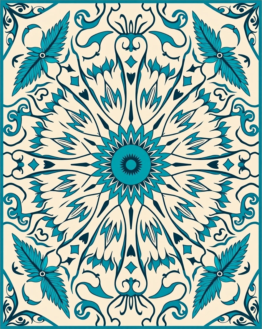 Teal Feathered Floral Sunburst Rug