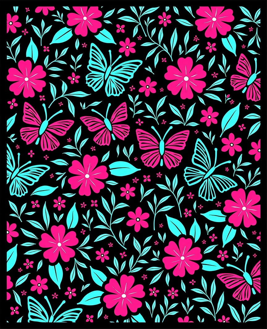 Pink Floral Teal Butterfly Garden Rug