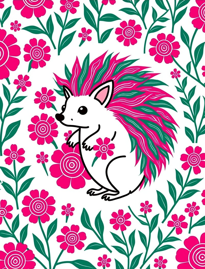 Pink Floral Hedgehog With Grassy Mane Rug
